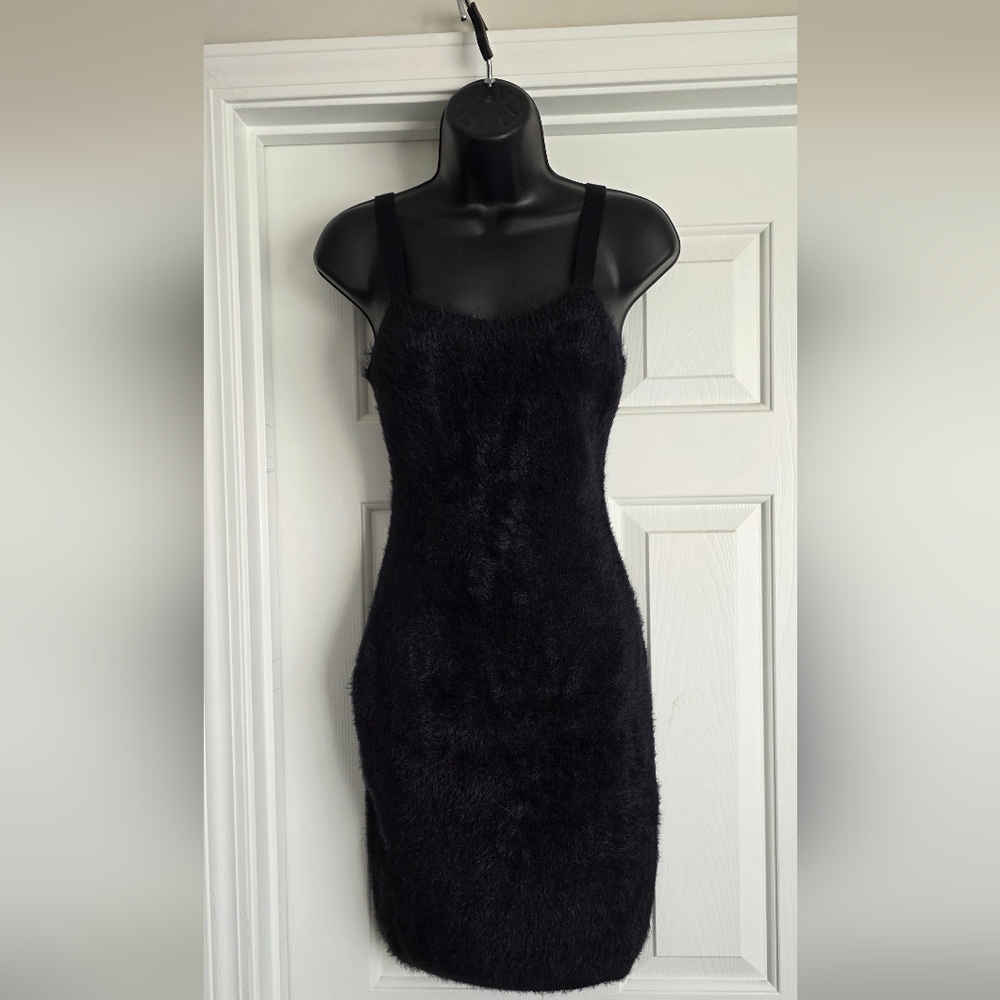 Fabletics Dress Womens L Black Fuzzy Sweater Bodycon Strappy Knit Cozy Party